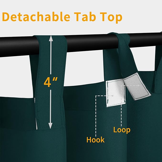 Easy-Going Outdoor Patio Curtains Detachable Tab Top Windproof Weatherproof Curtain for Cabana, Porch, Pergola and Gazebo, Tab Bottom Drape, 2 Panels, 54W x 108L inch, Teal