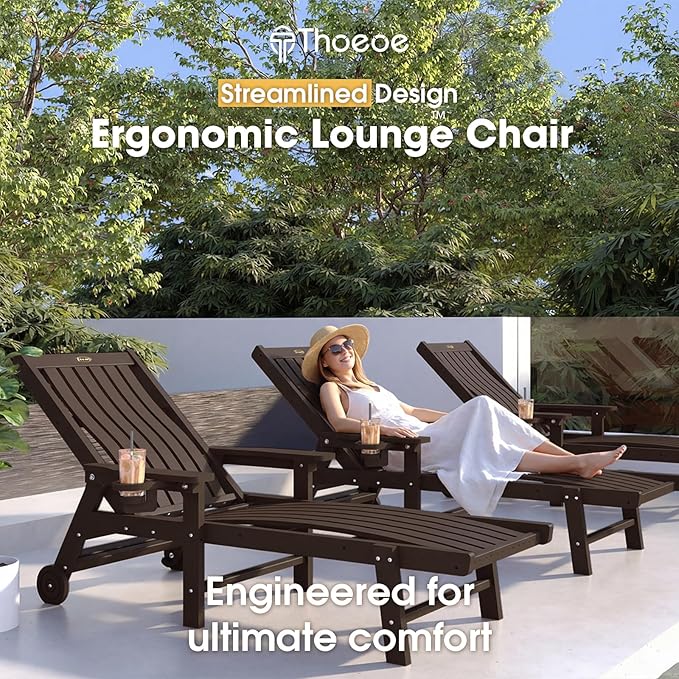 Patio Chaise Lounge Chair, Oversized Lounge Chair Outdoor with 5 Positions, HDPE, Patio Lounge Chair with Wheels & Cup Holder for Pool, Deck, Poolside,Brown