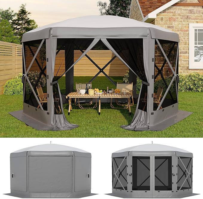 13x13FT 6-Sided Pop Up Gazebo Tent，One-Push Setup Canopy Tent with Removable Canopy Top & Wind Cloths, Outdoor shelter for Camping, Backyard Parties, Outdoor Events - Grey