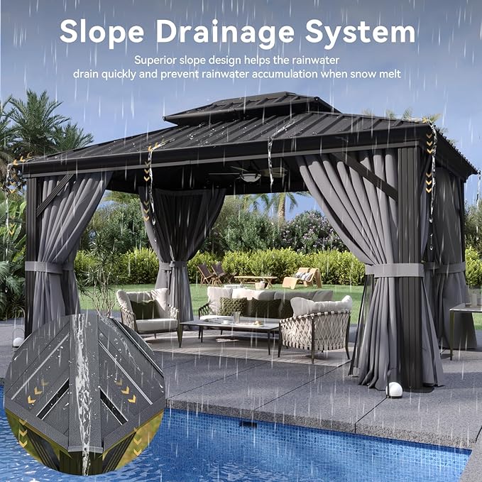 Aoxun 10'x12' Hardtop Gazebo, Aluminum Frame Canopy with Double Galvanized Steel Roof, Outdoor Metal Pavilion with Netting, and LED Outdoor Waterproof Hanging Lights