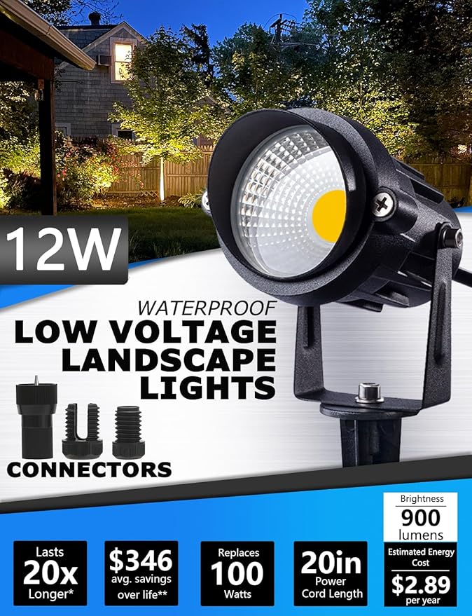 SUNVIE 12W Low Voltage LED Landscape Lights with Connectors, Outdoor 12V Super Warm White (900LM) Waterproof Garden Pathway Lights Wall Tree Flag Spotlights with Spike Stand (10 Pack with Connector)