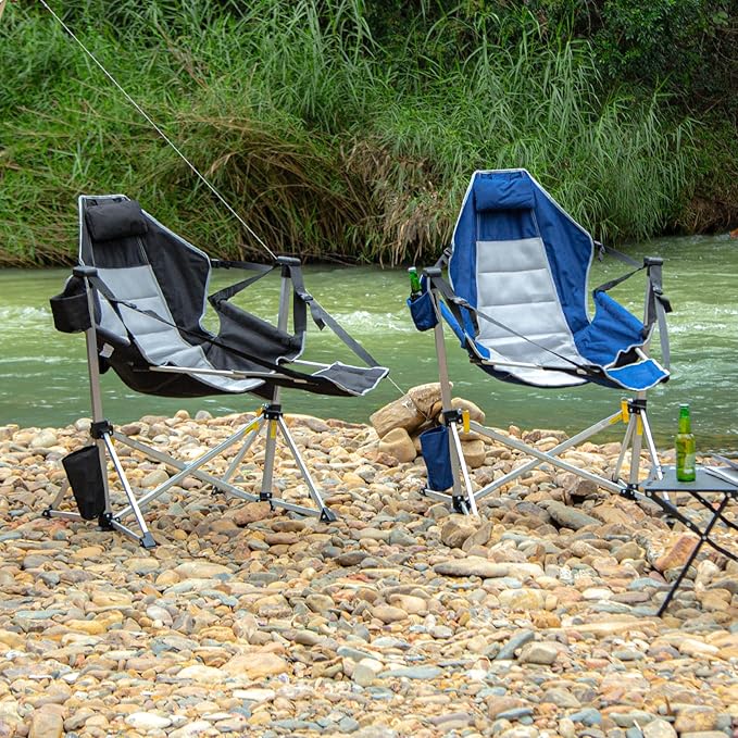 Romswi 2-Pack Aluminum Hammock Chair with Footrest, Oversized Portable Folding Swinging Chair with Adjustable Back & Seat, Lightweight Rocking Camp Chair Supports 440lbs for Outdoor, Patio - Black