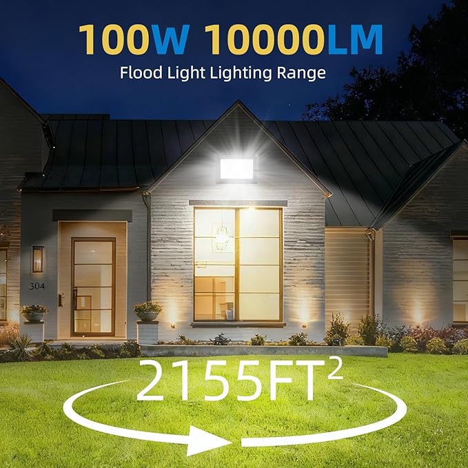 100W LED Flood Lights Outdoor, 2pack 10000lm Bright Led Work Light with Plug, 6500k Daylight White Outdoor LED Lights, IP66 Waterproof Patio Lighting
