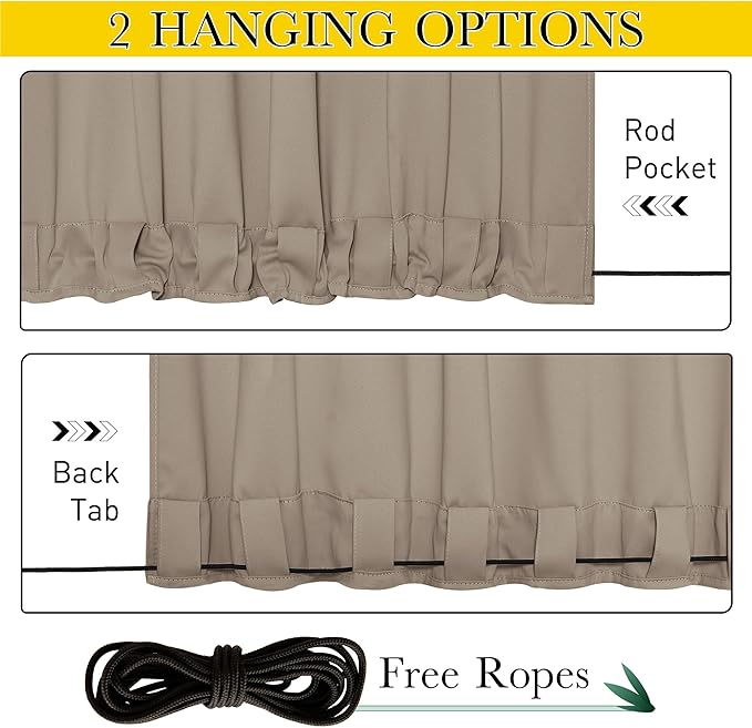 NICETOWN 2 Panels Outdoor Curtains Waterproof Fixed Grommet/Back Tab on Top & Bottom, Thermal Insulated Windproorf Sun Blocking Outdoor Drapes with Rope for Patio/Gazebo, W52 x L84, Soft Brown