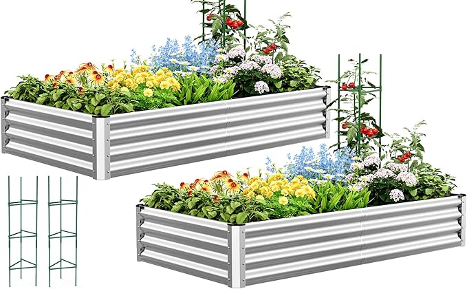 Quictent Galvanized Raised Garden Bed Metal Planter Box Bottomless for Backyard Outdoor, 4x3x1 Ft 2PCS, Silver