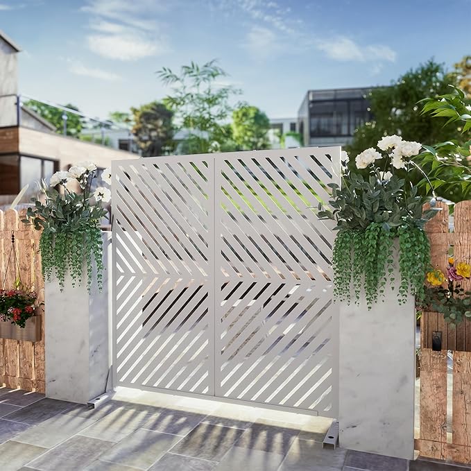 Casaphoria Metal Privacy Screen Outdoor, 72" H x 47" W Freestanding Decorative Privacy Screen for Patio Deck Balcony Garden with Stable Base, White-Parallel
