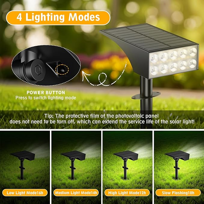 Solar Lights Outdoor Waterproof Ip68,2pack 4 Lighting Modes Solar Spot Lights Outdoor Auto On/Off Led Bulbs,Outdoor Solar Light Landscape Lighting for Garden, Yard, Pathway, House,Lawn,Tree