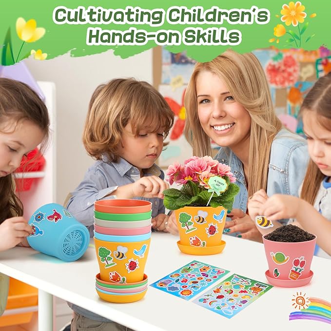 Durable Resin Garden Pot Craft Kit for Kids- 24 Pack Colorful Flower Plant Spring Crafts with Super-adhesive Stickers & Blank Labels School Activities Growing Kit for Classroom Home DIY Gift 4+ years