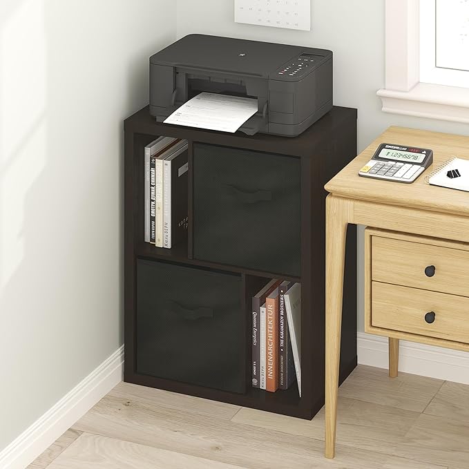 Furinno Viola Storage Shelf, 4-Tier Storage Rack with Bins, Book Shelf, Bookshelf, Display Rack with Drawer Bins, Extra Thick Frame, for Organization, Living Room, Home Office, Black Dark Oak