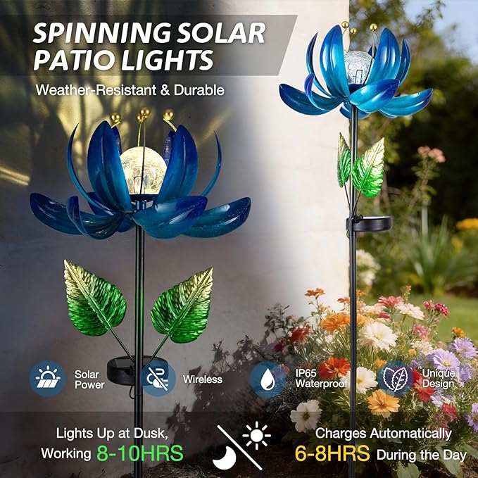 Solar Garden Lights Metal Flower Decor, Colorful Lotus Pathway Spinning Windmill with LED Cracked Crystal Ball Outdoor Decorative Stake Lighting Waterproof Flower Sculpture for Patio Yard