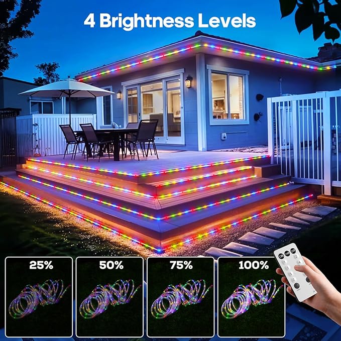 100FT 720 LED Christmas Rope Lights Outdoor Waterproof with Remote, 8 Modes and 4 Brightness Tube Lights for Patio, Outside, Garden, Indoor Outdoor Xmas Decoration (Multicolor)