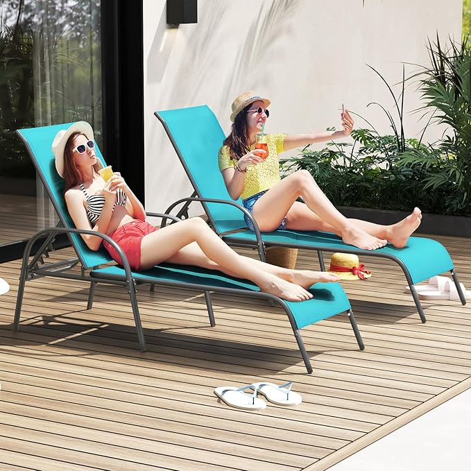 Giantex Patio Lounge Chair, Outdoor Chaise Lounge with 5 Adjustable Backrest, Sturdy Steel Frame, Sunbathing Recliner, Tanning Chair for Beach, Outside, Yard, Balcony, Pool Chairs (1,Turquoise)