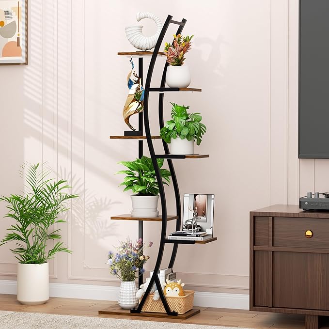 62“ Plant Stand Indoor with Grow Lights - 7 Tiered Tall Metal Plant Shelf - Corner Wooden Plant Stand for Indoor Plants Multiple, Large S-Shape Flower Rack Holder for Living Room, Garden, Patio Decor