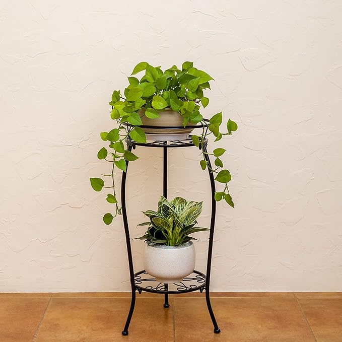 FaithLand Plant Stand, Metal Planter Holder Indoor Outdoor, 2 Tier Round Potted Supports Rack, Corner Display Shelf Black, Tall