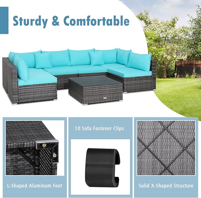 Tangkula 7 Pieces Wicker Patio Furniture Set, All-Weather Outdoor Rattan Sectional Sofa Set with Cushions & Tempered Glass Coffee Table, Outside Sofa Set for Garden, Lawn, Deck, Backyard (Turquoise)