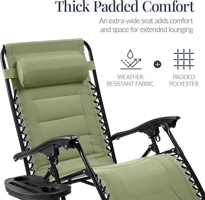 Best Choice Products Oversized Padded Zero Gravity Chair, Folding Outdoor Patio Recliner, XL Anti Gravity Lounger for Backyard w/Headrest, Cup Holder, Side Tray, Polyester Mesh - Sage Green