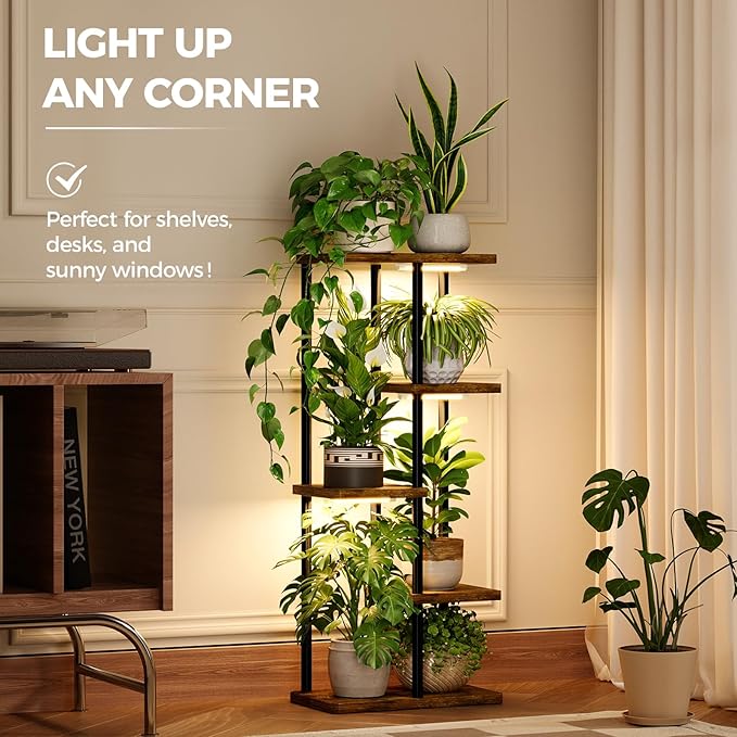 Bamworld Indoor Plant Stand with Grow Light Corner 5Tier Metal Plant Shelf Wood Flower Stand for Home Living Room Decor Patio Decor