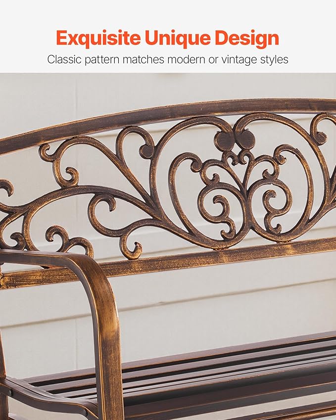VEVOR Outdoor Bench, 50 inch, Carbon Steel Metal Frame with Cast Iron Backrest and Round Edge Armrests, Weatherproof Outside Glider Bench for Patio, Garden, Park, Yard, Front Porch, Antique Bronze