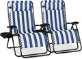 Best Choice Products Set of 2 Extra Wide Adjustable Steel Mesh Zero Gravity Lounge Chair Recliners w/Pillows and Cup Holder Trays - Mediterranean Blue Stripes