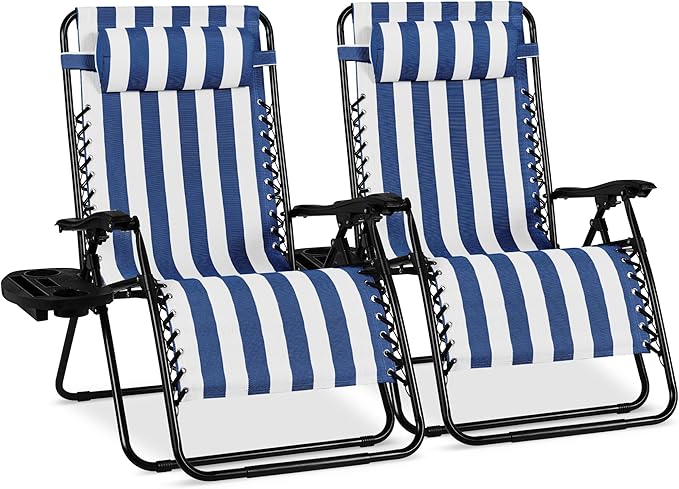 Best Choice Products Set of 2 Extra Wide Adjustable Steel Mesh Zero Gravity Lounge Chair Recliners w/Pillows and Cup Holder Trays - Mediterranean Blue Stripes