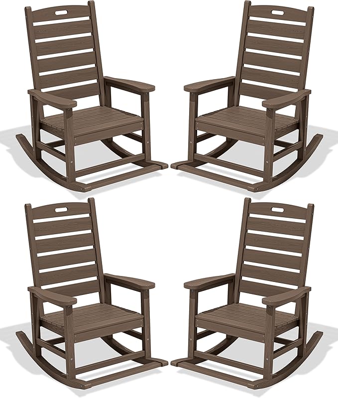 SERWALL Outdoor Rocking Chair Set of 4, Oversized HDPE Patio Rocking Chair with Footrest for Adults, All Weather Porch Rocker for Deck Patio Balcony, Coffee