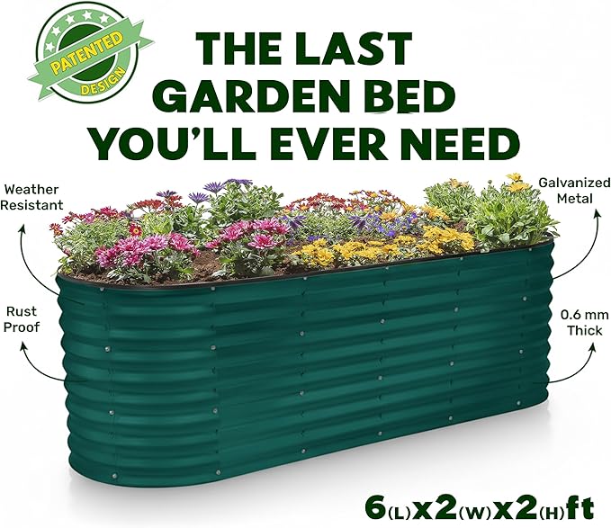 Plant & Plot Galvanized Raised Garden Beds Outdoor // 6×2×2 ft Planter Raised Beds for Gardening, Vegetables, Flowers // Large Metal Garden Box (Dark Green) // Patented Tool-Free Design