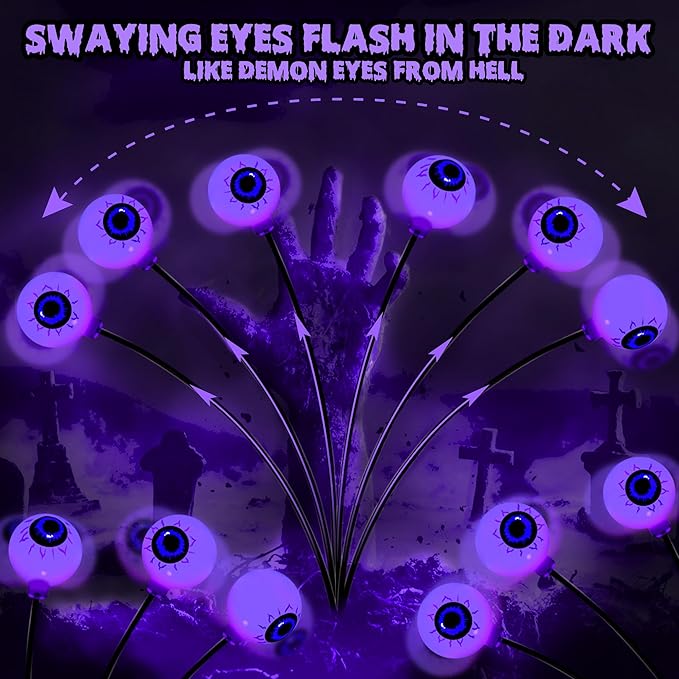 BrizLabs Halloween Eyeball Lights, 2 Pack 12 LED Solar Halloween Lights, 2 Modes Outdoor Spooky Walkway Light, Purple Swinging Firefly Light, Outside Purple Pathway Lighting for Yard Garden Lawn Party