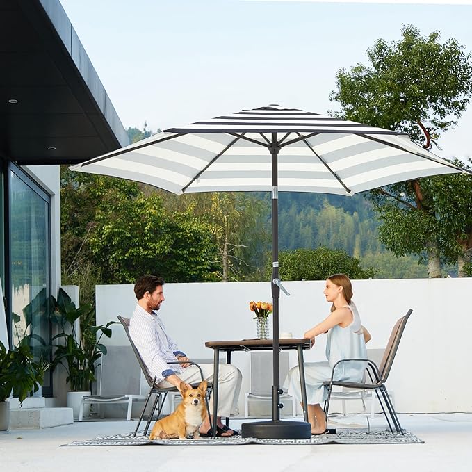 JEAREY 7.5FT Patio Umbrella Outdoor Market Umbrella with 6 Sturdy Ribs, Push Button Tilt/Crank Table Umbrella for Garden, Deck, Backyard and Pool, Beige & Black Stripe