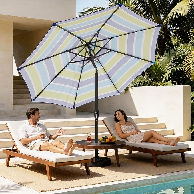 MEWAY 9ft Patio Umbrella Outdoor Table Umbrellas with Push Button Tilt and Crank, Market Umbrella 8 Sturdy Ribs for Deck, Garden, Pool and Backyard, Blue-Green Stripe