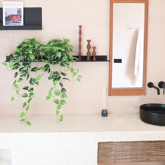 Fake Pothos Hanging Plants - 33" Set of 2 Artificial Silk Ivy Vines with Pots, Realistic Faux Greenery for Indoor Home Office Bathroom Decor, Low Maintenance Hanging Plant Decoration - Golden Green