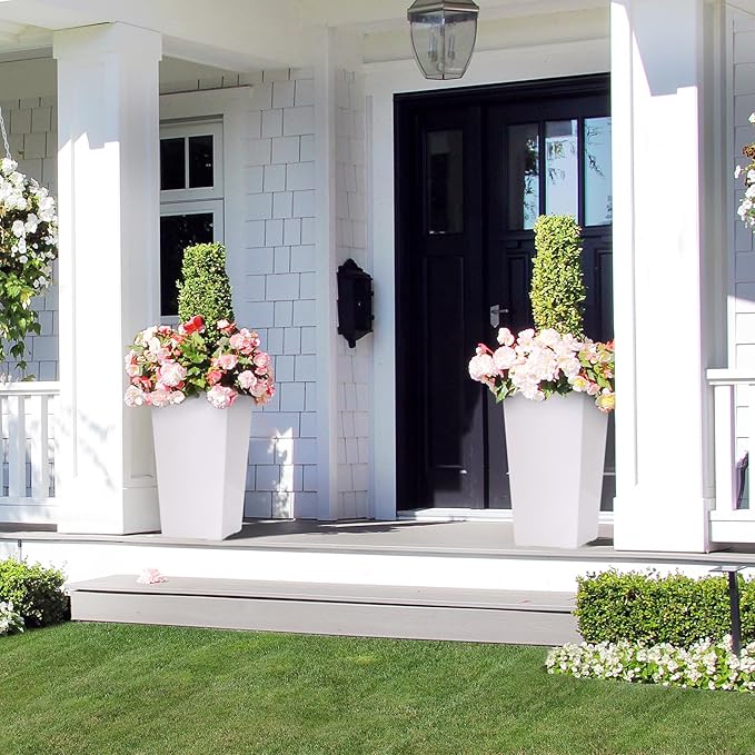 Garvee 22.5" Tall Planters Set of 2, Outdoor＆Indoor Black Planter Pots, High Front Porch Planter Pots with Drainage Holes＆Water Level Monitor＆Inner Bucket,White