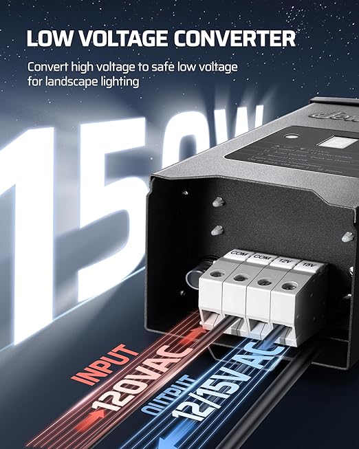 DEWENWILS 150W Low Voltage Landscape Lighting Transformer, 120V to 12/15V AC, Metal Shield, Outdoor Low Voltage Landscape Transformer, Photocell & Timer, Landscape Lighting Transformer
