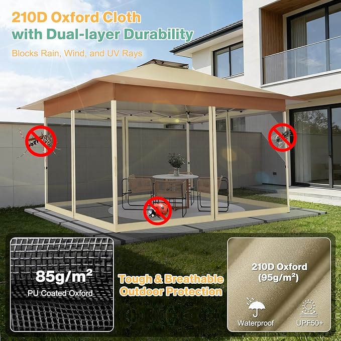 C0BIZI Gazebo 10x15 Pop up Canopy,Gazebos on Clearance-Canopy Tent with Mosquito Netting for Lawn,Garden,Backyard & Patio-Outdoor Tent-Water Resistant and UPF50+ (Khaki)
