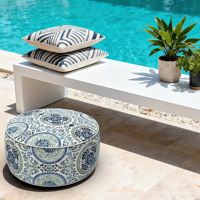 LVTXIII Indoor/Outdoor Inflatable Ottoman with Handle D21 x H9 Inch, Weather-Resistant Round Footstool Pouf for Patio Camping Living Room, Portable Footrest Extra Seating, Coastal Medallion