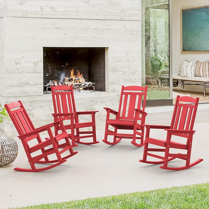 LUE BONA Outdoor Rocking Chairs Set of 4, HDPS Porch Rocker with High Back, Plastic Weather Resistant Rocking Chairs for Outdoor Indoor, Garden, Backyard, 350lb, Bright Red