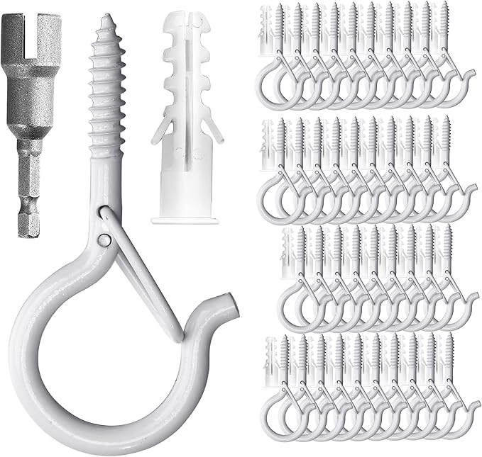PlusRoc 40 Pack Ceiling Hooks for Hanging Plants Outdoor String Lights Heavy Duty, 2.2 Inch Eye Hook Screw in Cup Hooks Q-Hanger for Patio Lights, Wall Wood Fence Deck Mount(White)
