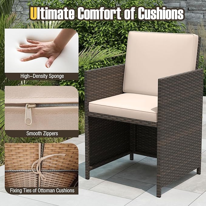Tangkula 9 Piece Patio Dining Set, Rattan Chairs with Tempered Glass Table & Ottoman, Space Saving Wicker Sectional Conversation Set with Removable Cushions, Outdoor Furniture for Backyard Garden Deck