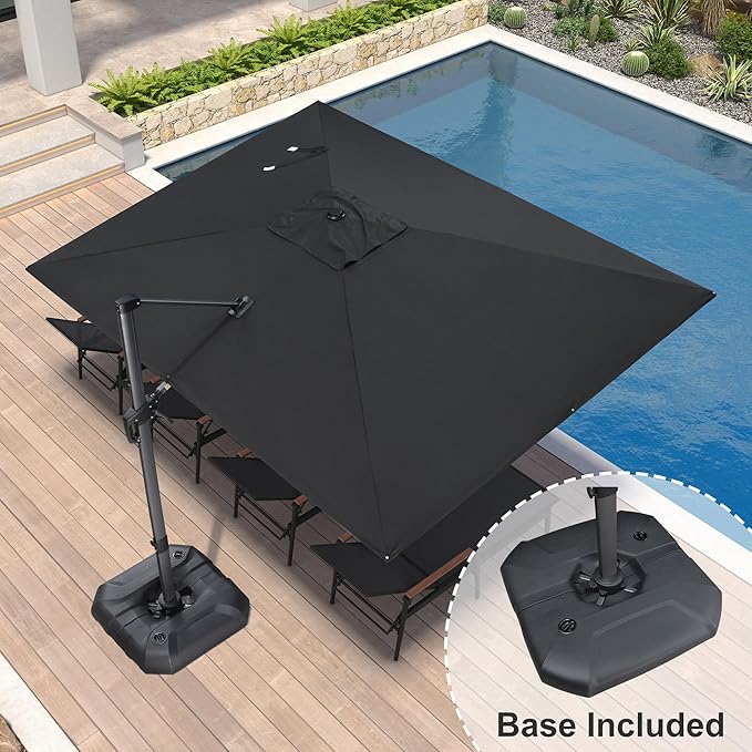 PURPLE LEAF 9' X 11.5' Square Cantilever Umbrella Patio Umbrella with Base Outdoor Umbrella Aluminum Offset with 360-degree Rotation for Garden Deck Pool Patio Black
