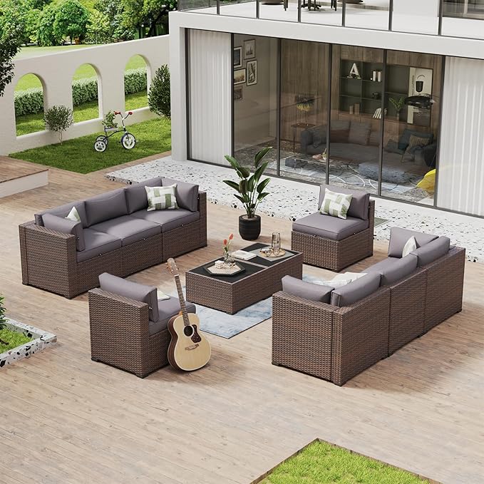 Aoxun 10 Piece Patio Furniture Set Wicker Rattan Patio Conversation Set Outdoor Sectional Sofa Set with Coffee Table and Thickened Cushions, Gray(Waterproof Cover Included)
