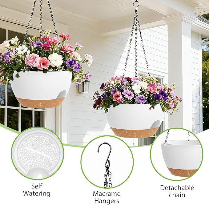8 Inch Hanging Planters for Indoor Outdoor Plants, 4 Pack White Brown Plastic Self Watering Hanging Baskets with Drainage Holes and Chain for Garden Porch