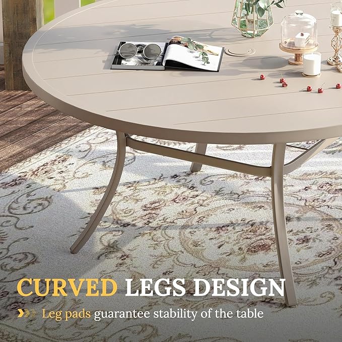 VICLLAX 53" Outdoor Round Patio Table for Lawn Garden, All Weather Metal Round Patio Dining Table with Adjustable Umbrella Hole, Patio Table for 8 Person, Sandshell Tabletop