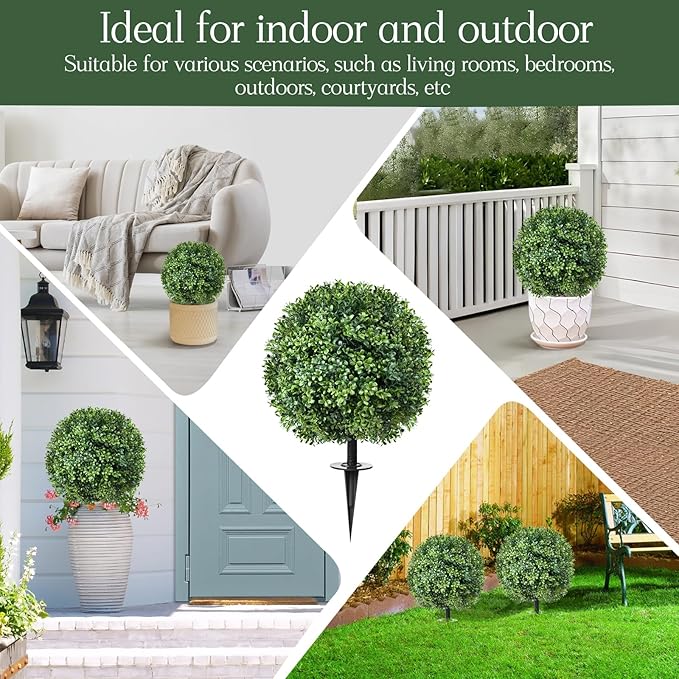 Artificial Topiary Bushes for Outdoors with Spike, Boxwood Ball Fake Shrubs UV Resistant Faux Plants for Indoor Outdoor Fall Thanksgiving Halloween Decor (Artificial Topiary Boxwood Ball Tree)