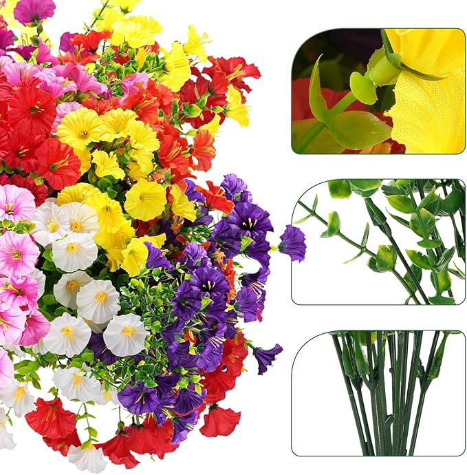 Artificial Flowers for Outdoors, UV Resistant Fake Silk Morning Glory, Realistic Faux Plants for Outside Porch Patio Window Box Hanging Planter (16, Fuchsia)