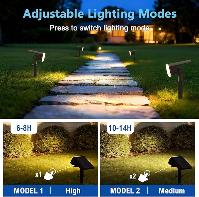 Solar Lights Outdoor Waterproof IP65, Super Bright LED with Lens, 3000K 2 Lighting Modes, Solar Powered Yard Garden Solar Spot Lights for Outside Landscape Auto On/Off -2 Pack