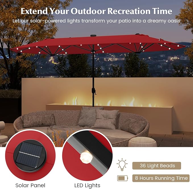 Tangkula 9 Pieces Rattan Outdoor Dining Set with 13Ft Solar Patio Umbrella for 6, Outdoor Wicker Table Set with 8 Cushioned Chairs, Acacia Wood Top, Outdoor Umbrella with Base Included