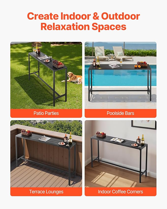 VEVOR Outdoor Bar Table, 63 x 15 in Patio Bar Table, Waterproof Top & Sturdy Metal Frame, Rectangle Counter Height Dining Tables, Outdoor Furniture for Balcony, Yard, Hot Tub, Poolside, Indoor