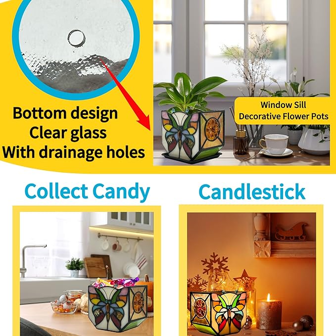 Handcrafted Stained Glass Butterfly Planter, Cute Planters for Indoor Plants,Decorative Indoor Flower Pot, Cactus Pot, with Drainage,Home Garden Decor