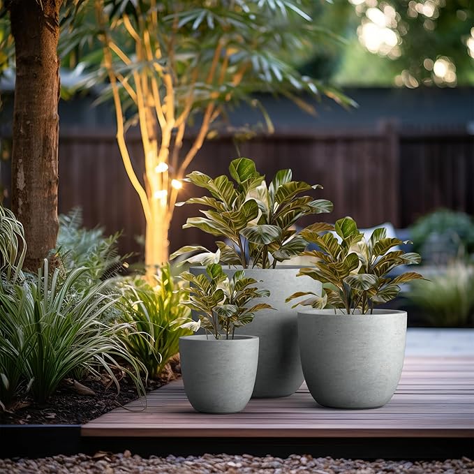 Kante 18",14",10" Dia Concrete Round Planters (Set of 3), Outdoor Indoor Large Planter Pots with Drainage Hole and Rubber Plug for Home Patio Garden, Natural Concrete
