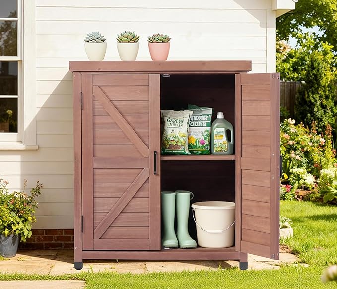 Outdoor Potting Bench with Storage Cabinet and Metal Top, Wood Workstation for Outdoor Patio, Garden (Coffee Brown, 31x17x36‘’)