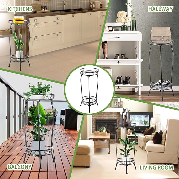 Plant Stand Indoor Outdoor，Tall Black Metal Rustproof Stable Plant Stands，2 Tier 27.1 inch (2PS-Iron)